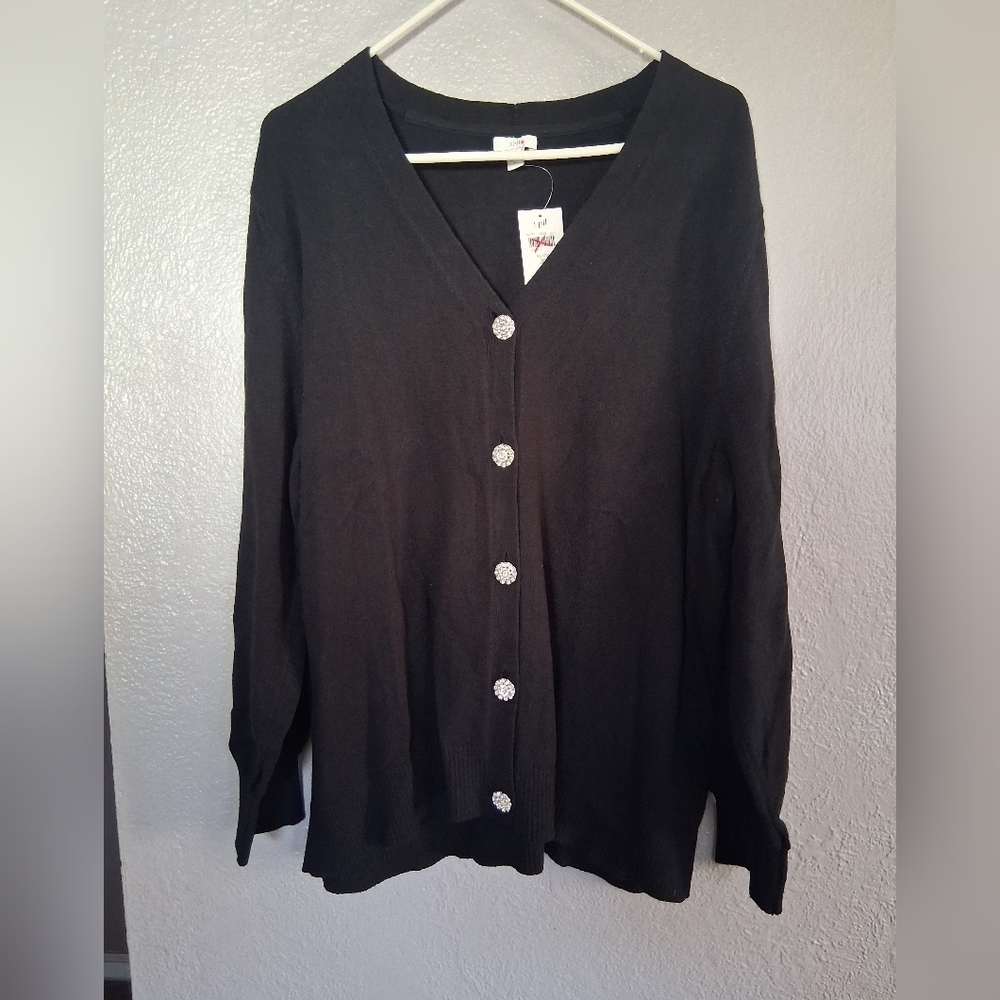 J Jill NWT Button Down Cotton Blend Jeweled Buttons Black Cardigan 2X